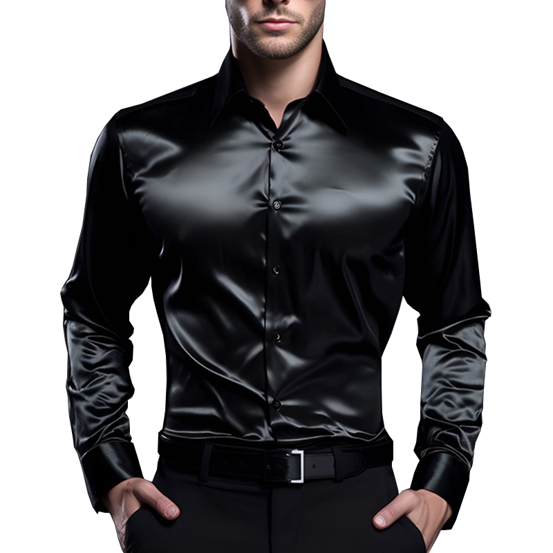 Mens Satin Silk Dress Shirt - Erkek saten lüks elbise gömlek moda