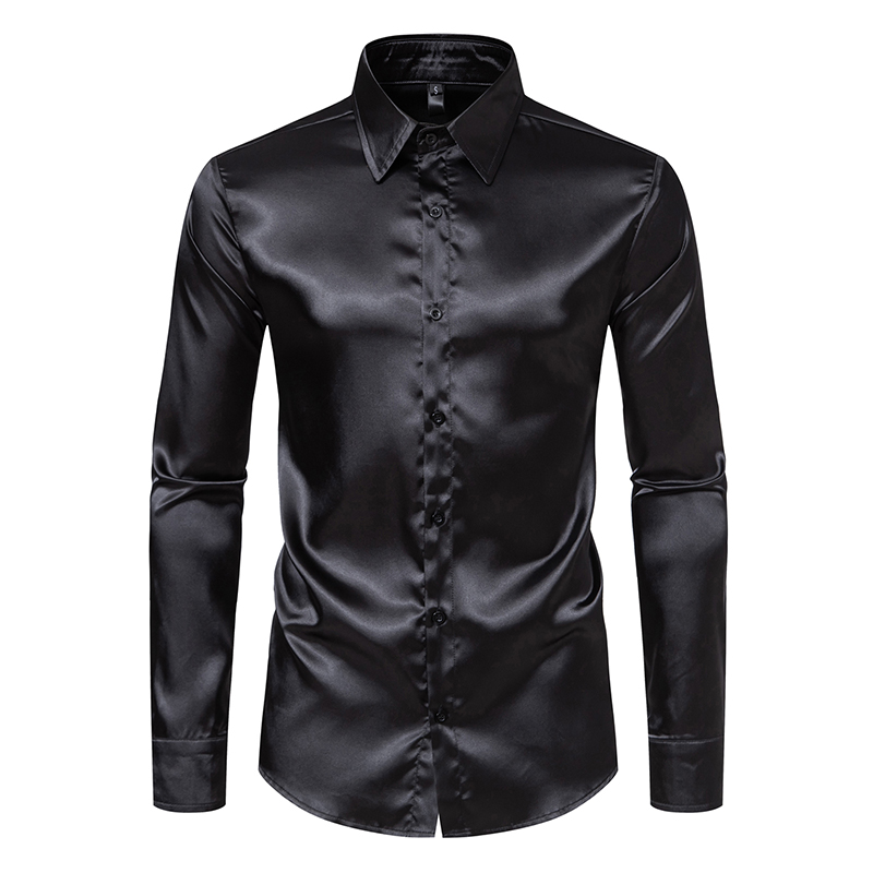 Mens Satin Silk Dress Shirt - Erkek Siyah Saten Lüks Elbise Gömlek