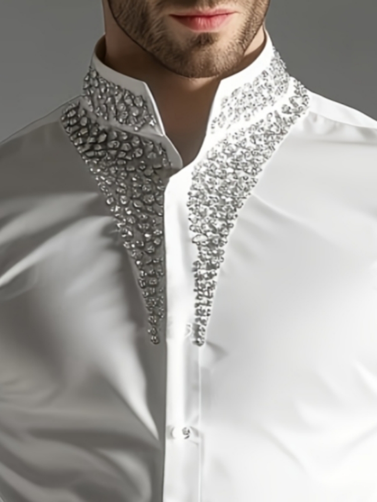 Mandarin Collar Formal Shirt Slim Fit - Erkekler için Lüks Kristal Taşlı Gömlek,