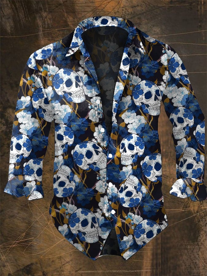 Vintage Hawaiian Floral Shirt - Cadılar bayramı erkek koyu kafatası baskılar