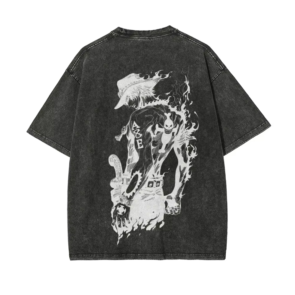 Acid Wash Vintage Graphic T Shirt - Ace T Shirt Erkekler Tek Parça