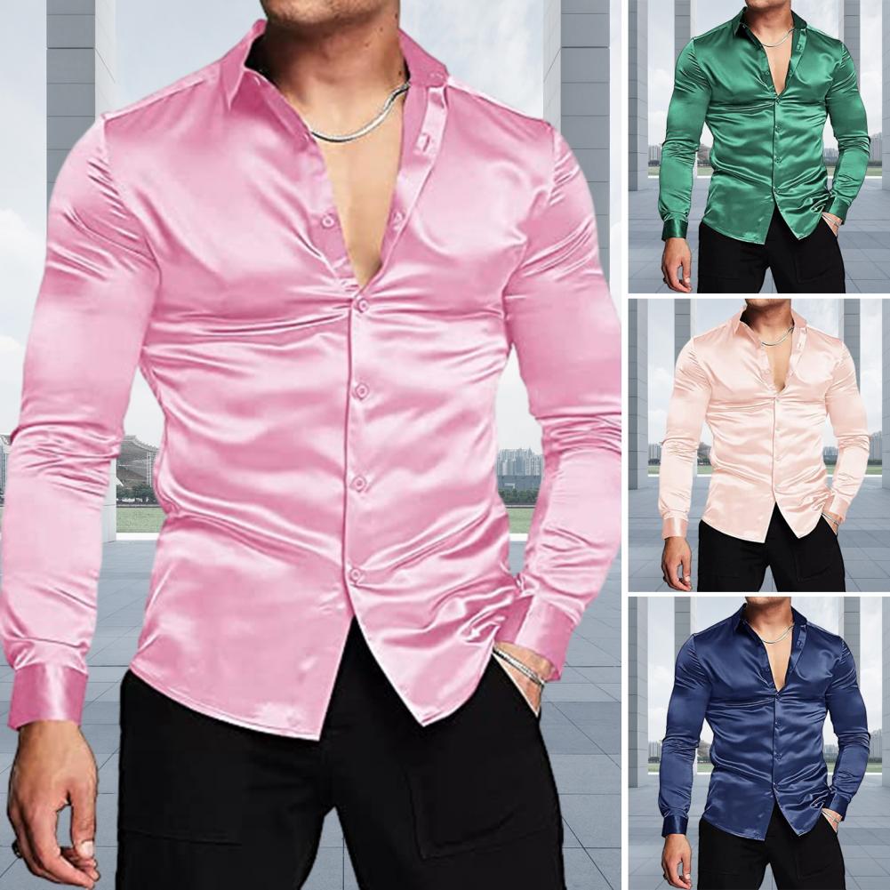 Mens Satin Silk Dress Shirt - Pembe Ipek Saten Lüks Elbise Gömlek