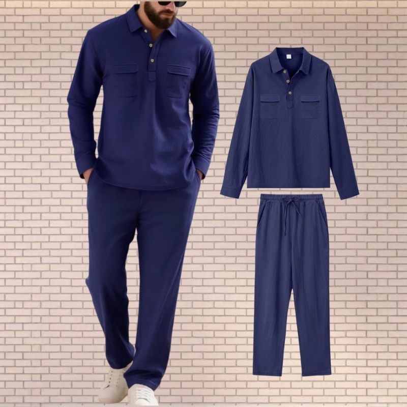 Mens Linen Shirt Long Sleeve - Erkek Keten Karışımlı İki Parçalı Takım