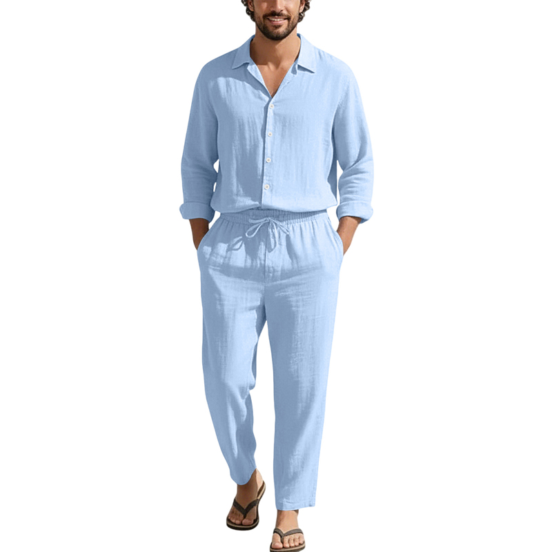 Mens Linen Shirt Long Sleeve - İlkbahar Yaz Keten Günlük Setler Bol